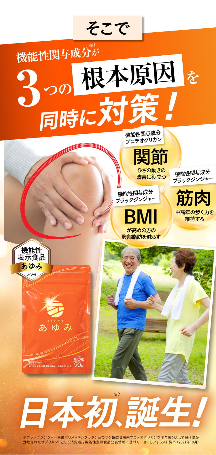 関節・筋肉・脂肪、3つ同時にアプローチ。機能性表示食品　あゆみ誕生